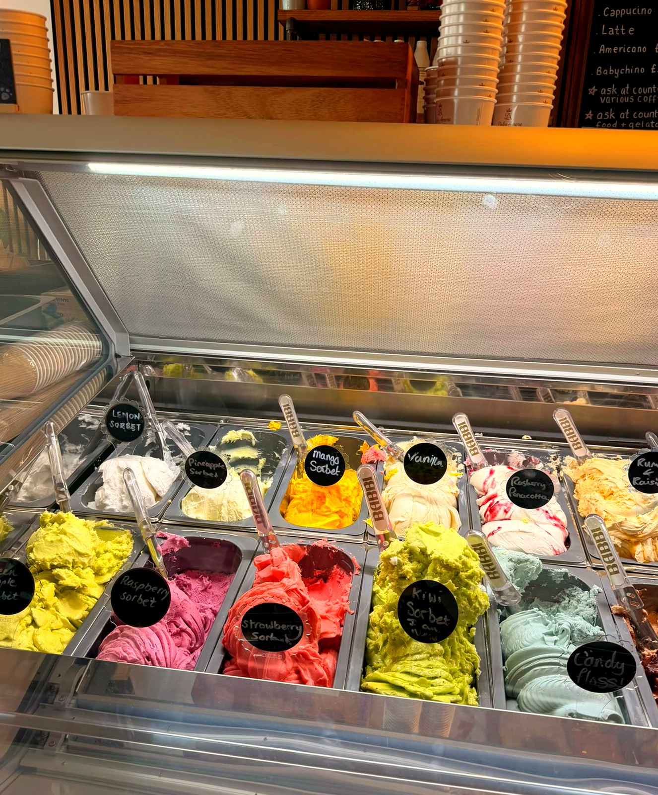 The Dolce Amore gelato counter, full of fresh gelato and sorbetti